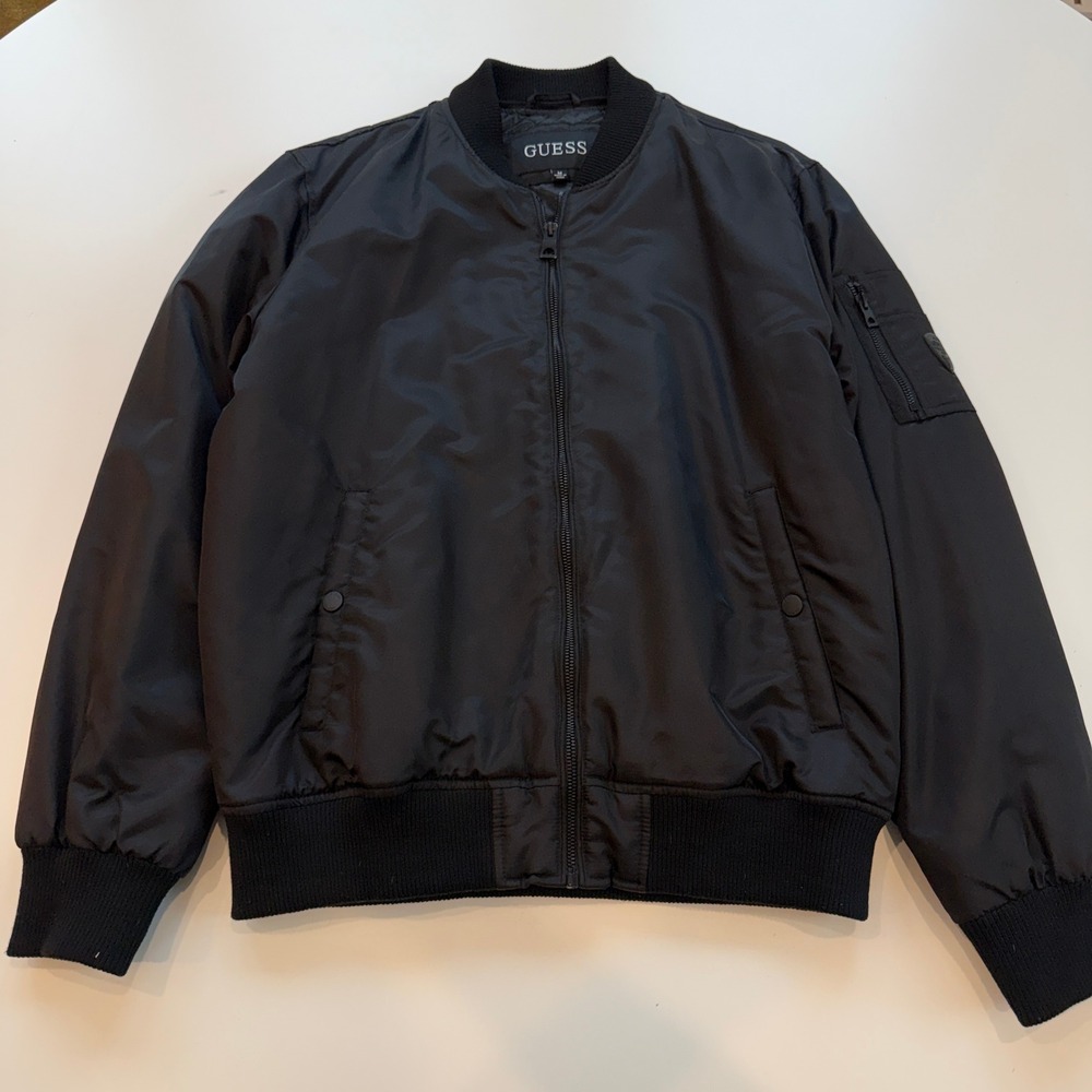 GUESS Bomber Jacket Black Nylon MA-1 Flight Utility Coat Mens Size Medium